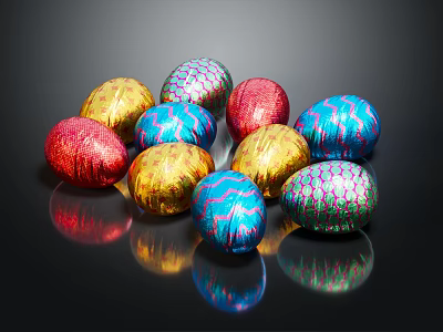 Decorative Ornament Set With Colorful Foil Wrapped Shiny Multi Colored Easter Eggs On Black Background 3d model
