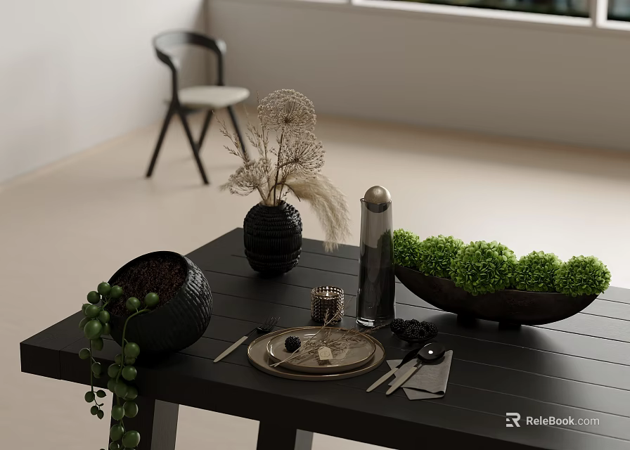 Decorative Ornament Set on Black Table with Dried Flowers Green Plant Metal Tray and Cutlery 3d model 