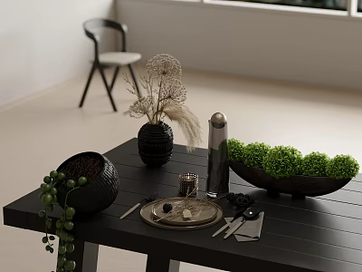 Decorative Ornament Set on Black Table with Dried Flowers Green Plant Metal Tray and Cutlery 3d model