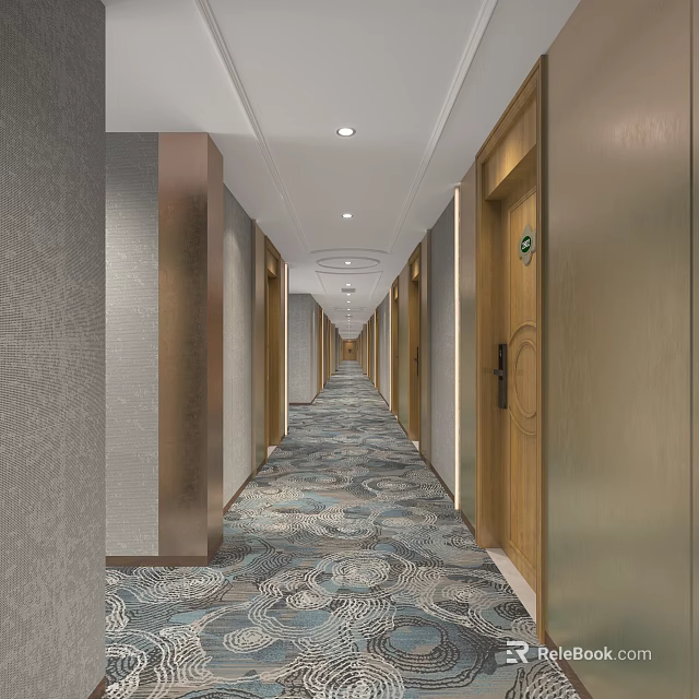 Hotel Corridor with Guest Room Doors Patterned Carpet and Soft Ceiling Lights 3d model