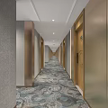 Hotel Corridor with Guest Room Doors Patterned Carpet and Soft Ceiling Lights 3d model
