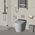 Modern White Toilet In Bathroom With Hanging Towel Rack Toilet Paper Holder And Trash Bin