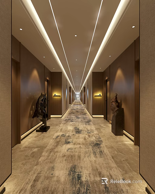 Modern Elegant Hotel Corridor With Wall Sconces Linear Ceiling Lights Patterned Carpet And Decorative Sculptures 3d model