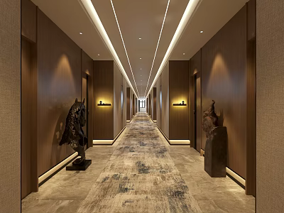 Modern Elegant Hotel Corridor With Wall Sconces Linear Ceiling Lights Patterned Carpet And Decorative Sculptures 3d model