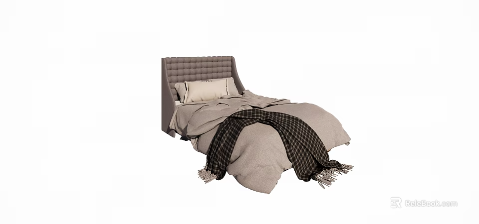 Single Bed With Quilted Headboard Light Colored Sheets And Dark Plaid Fringed Blanket 3d model