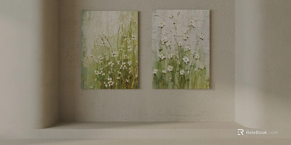 Two Floral Wall Paintings With White Flowers Green Grass And Light Background 3d model 