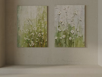 Two Floral Wall Paintings With White Flowers Green Grass And Light Background 3d model