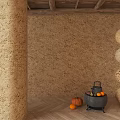 Textured Rustic Brown Wall With Stacked Woven Balls Black Container And Pumpkins On Wooden Floor