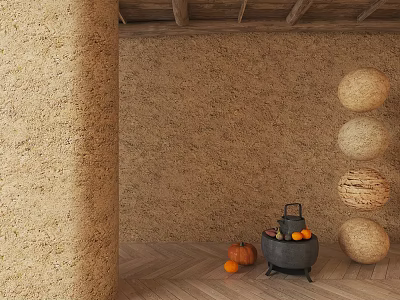 Textured Rustic Brown Wall With Stacked Woven Balls Black Container And Pumpkins On Wooden Floor 3d model