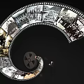 Large Curved Film Strip Exhibition With Vintage Images And Person Watching Silhouette
