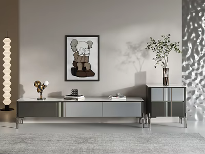 Sleek Modern TV Stand With Metal Legs Decorative Painting Plant Vase And Side Cabinet 3d model