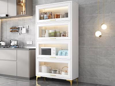 White Modern Sideboard with Glass Doors Gold Legs and Storage Shelves in Kitchen 3d model