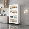 White Modern Sideboard with Glass Doors Gold Legs and Storage Shelves in Kitchen