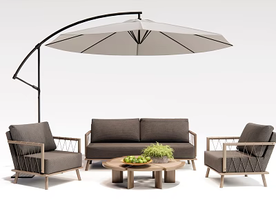 Outdoor Sofa With Wooden Frame Gray Cushions Armchairs Round Coffee Table Green Plant And Umbrella 3d model