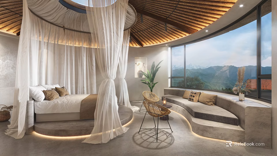 Hotel Guest Room Interior With Round Bed White Drapes Wooden Ceiling And Mountain View 3d model 
