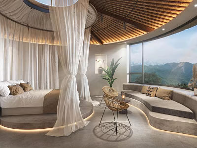 Hotel Guest Room Interior With Round Bed White Drapes Wooden Ceiling And Mountain View 3d model