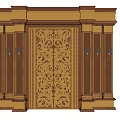 Ornate Entrance Door with Intricate Golden Carvings and Brown Glass Panel Columns