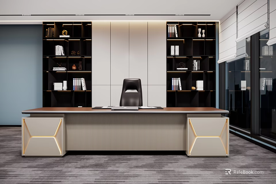 Stylish Executive Office Desk With Wooden Top Black Chair Bookshelves And Glass Cabinets 3d model 