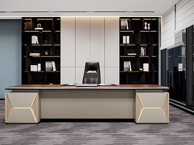 Stylish Executive Office Desk With Wooden Top Black Chair Bookshelves And Glass Cabinets 3d model