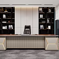 Stylish Executive Office Desk With Wooden Top Black Chair Bookshelves And Glass Cabinets