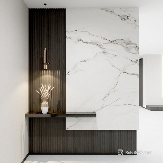 Modern Entryway Hallway Interior Design With Marble Wall Wooden Panel Pendant Light And Decorative Vase 3d model 