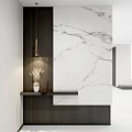 Modern Entryway Hallway Interior Design With Marble Wall Wooden Panel Pendant Light And Decorative Vase