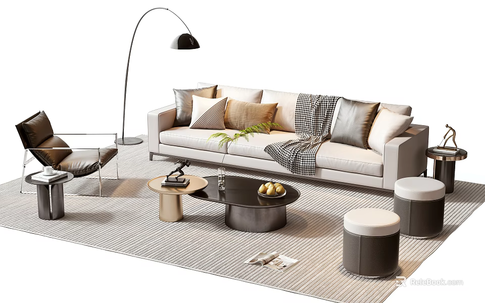 Modern Living Room Sofa Coffee Table Set With Pillows Rug And Floor Lamp 3d model 