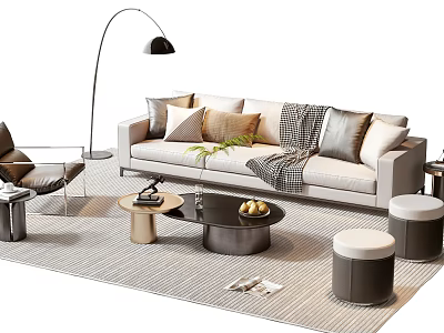 Modern Living Room Sofa Coffee Table Set With Pillows Rug And Floor Lamp 3d model