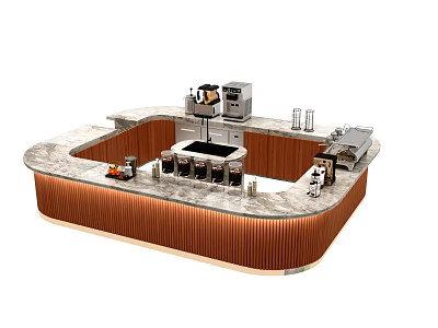 Modern Bar Counter With Marble Countertop Wooden Striped Front Coffee Machine Oven And Cups 3d model