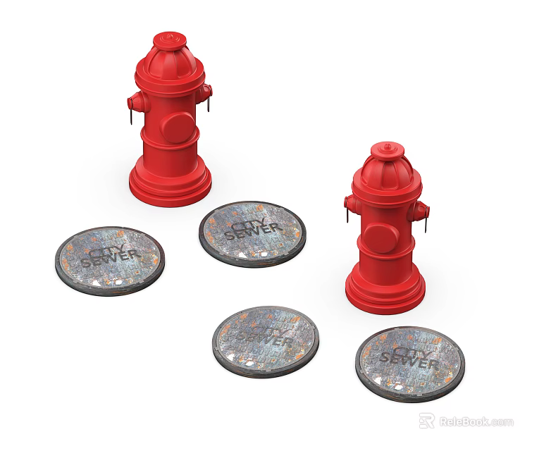 Red Fire Hydrants and Fire Hydrant Covers with FIRE HYDRANT Markings on White Background 3d model 