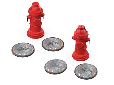 Red Fire Hydrants and Fire Hydrant Covers with FIRE HYDRANT Markings on White Background 3d model