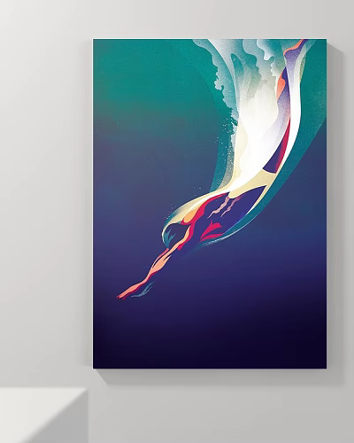 Figure Painting of Diving Figure with Vibrant Teal Purple Gradient Background Fluid Form Dynamic Movement 3d model