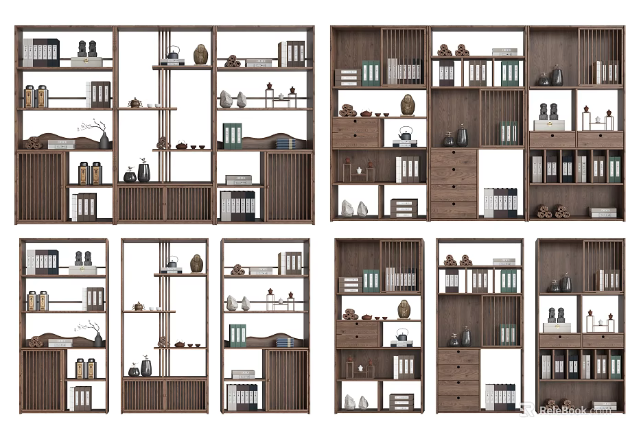 Modern Wooden Bookcase With Multiple Shelves Books And Decorative Storage Items 3d model 