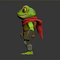 Cartoon Green Frog Character With Red Scarf Yellow Vest And Metal Armored Limbs