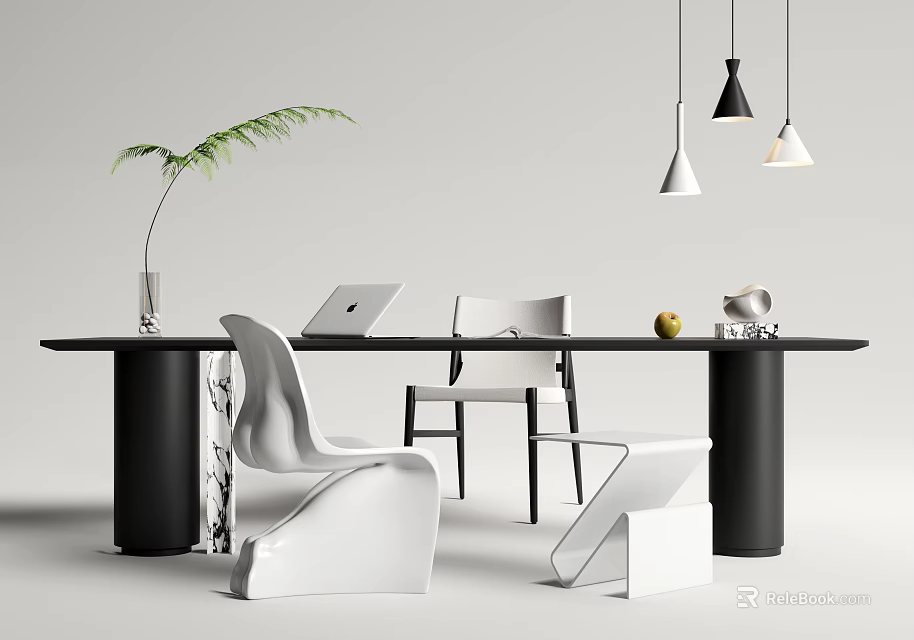 Modern Desk Interior With Laptop Green Plant White Chairs And Pendant Lights 3d model 