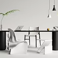 Modern Desk Interior With Laptop Green Plant White Chairs And Pendant Lights