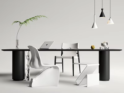 Modern Desk Interior With Laptop Green Plant White Chairs And Pendant Lights 3d model