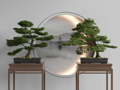 Two Bonsai Trees On Wooden Stands With Round Illuminated Mirror And Mountain Water Landscape 3d model