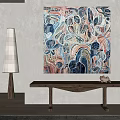 Abstract Painting On Wall With Wooden Bench Floor Lamp And Decorative Items