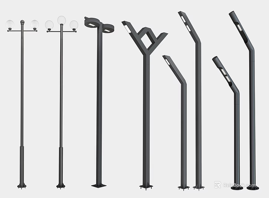 Modern Outdoor Lights Collection With Various Street Lamp Designs And Unique Pole Shapes 3d model 