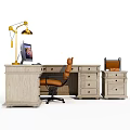 L shaped Wooden Office Desk With Dual Monitors Gold Lamp Brown Chair And Side Cabinet