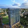 Aerial Planning of Modern Urban Area With High Rise Building Sports Field And Green Spaces