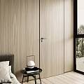 Modern Minimalist Bedroom Interior With Wooden Walls Bed Nightstand Lamp And Large Windows