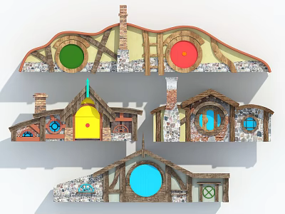 Hobbit Style Architecture with Colorful Round Doors Stone Walls Wooden Beams and Chimneys Design Features 3d model