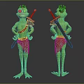 Frog Character Design With Crown Sword Shield Red Skirt And Two Angles 3d model