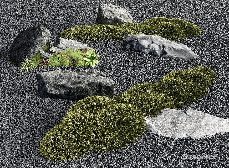 Arrangement Of Natural Stones With Green Moss And Small Plants On Black Gravel 3d model 