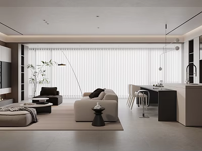 Modern Living Dining Room Interior With Sofa Dining Table Chairs Blinds And Pendant Lighting 3d model