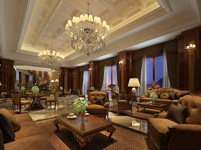Luxurious Lounge Area With Chandeliers Brown Sofas Coffee Tables And Green Plants 3d model