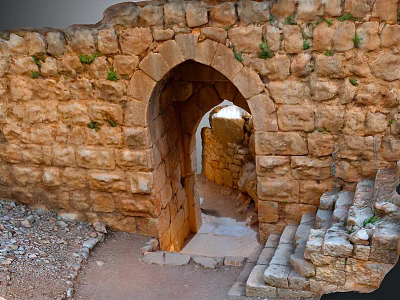 Ancient Stone Ruins With Arched Doorway Steps Pathway And Greenery 3d model