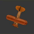 Wooden Biplane Model With Orange Brown Color Propeller And Wheels On Dark Background With Reflections